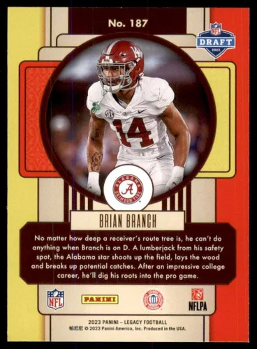 Vista 2 de Panini Legacy #187 Brian Branch RC Rookie Card Alabama Crimson Tide - Tarjeta oficial de fútbol de la NFL en estado crudo (NM o mejor)