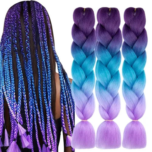 Vista 42 de 3 paquetes de extensiones de cabello sintético para trenzar de color negro a azul, tamaño jumbo ombré, de 24 pulgadas o trenzas de ganchillo