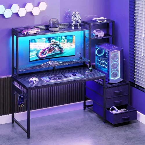 Vista 2 de Casaottima - Escritorio de juegos de 48 pulgadas con alacena y 3 cajones de tela, escritorio para computadora con puertos USB y luces LED, mesa