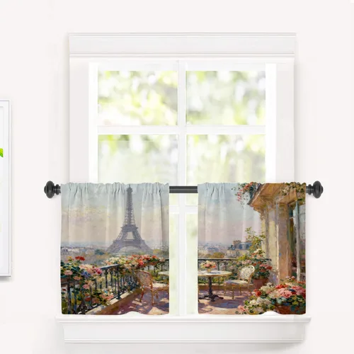 Vista 81 de Cortinas opacas de cocina con pintura al óleo de Europa rosa y negra para ventanas, cenefas opacas modernas de torre Eiffel de poliéster multicapa