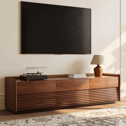 Vista 17 de POVISON Soporte de TV moderno de mediados de siglo totalmente ensamblado con luces LED ajustables, consola multimedia de madera, centro