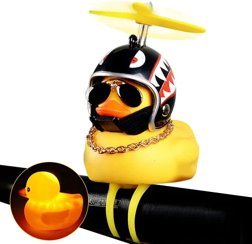Vista 18 de wonuu Adornos de pato de goma para automóvil, decoración de tablero de instrumentos de pato amarillo, cuernos de bicicleta de pato con casco