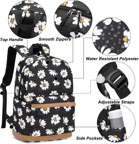Vista 4 de Mochila para niñas con lonchera para niños, mochila para la escuela, ligera, resistente al agua, negro (Daisy Black), Mochila con fiambrera