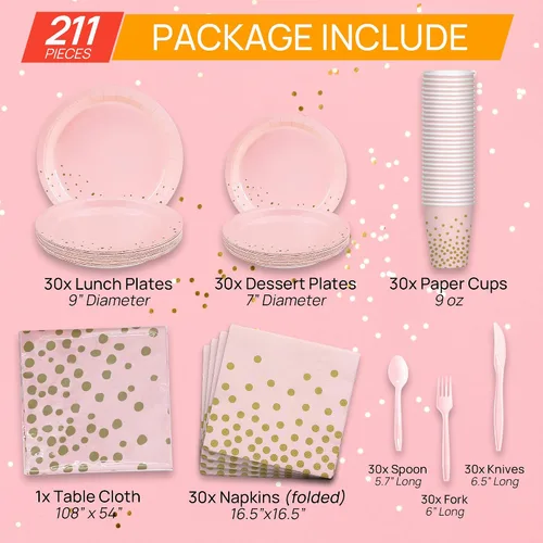 Vista 2 de 211 servilletas de oro rosa, suministros de fiesta para 30 invitados, platos desechables de papel, postres, servilletas, vasos, cubiertos y mantel