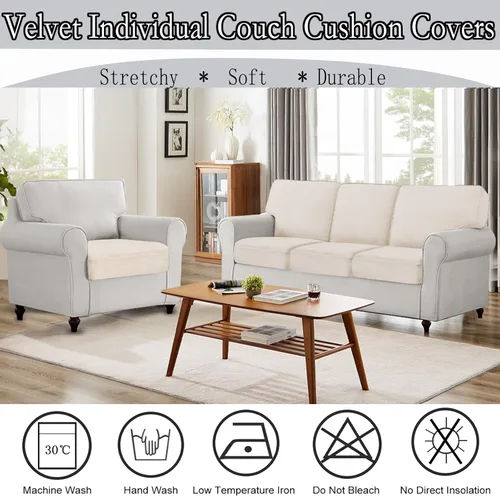 Vista 5 de NAISI Fundas de cojín de sofá de terciopelo elásticas de 1 pieza, fundas de asiento de sofá o respaldo, fundas suaves individuales para sofá Beige