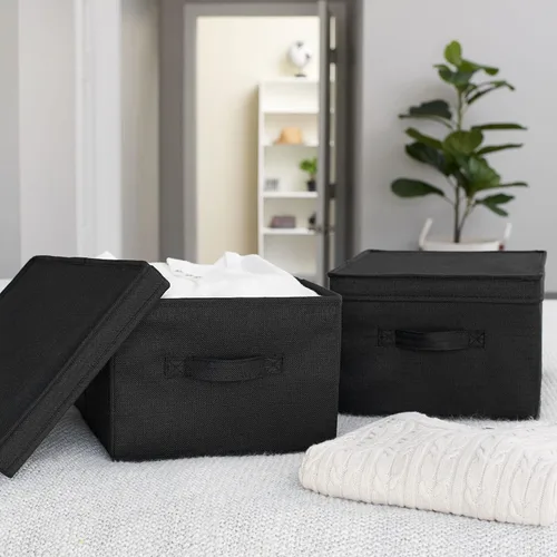Vista 2 de Household Essentials Caja de almacenamiento grande de tela con tapa, color negro, juego de 2