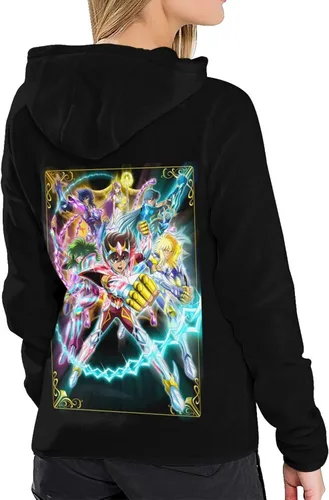 Vista 2 de KLEIDUNG Anime Saint Seiya Sudadera con capucha de moda para mujer, manga larga, con cordón, color negro