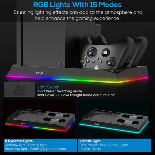 Vista 4 de Upgrade Stand for Xbox Series X with Back Cooling Fan& RGB Lights, Charging Station with Controller Charger Dock &Game Storage Rack Organizer&