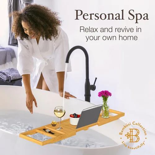 Vista 8 de Bambüsi Mesa de bandeja de bañera, plegable y ajustable, bandeja de bañera de bambú plegable, accesorios de bañera de madera, regalos únicos