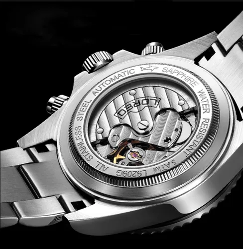 Vista 6 de LOREO Reloj mecánico automático multifunción de acero inoxidable con esfera Blcak de cristal de zafiro para hombre