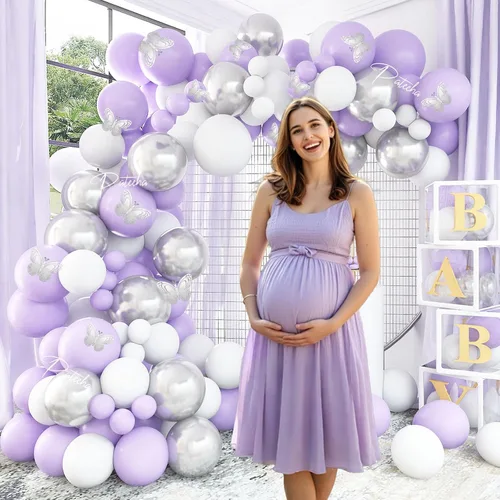 Vista 2 de Pateeha Kit de arco de globos morados, 140 piezas de guirnalda de arco de globos blanco lavanda y plata, calcomanías de mariposa, 12 piezas