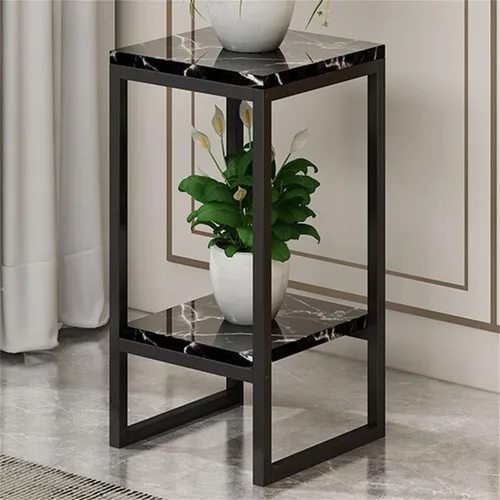 Vista 22 de Mesa cuadrada simple de madera de varios niveles con estante de almacenamiento, soporte para maceta de hierro forjado para sala de estar en Negro