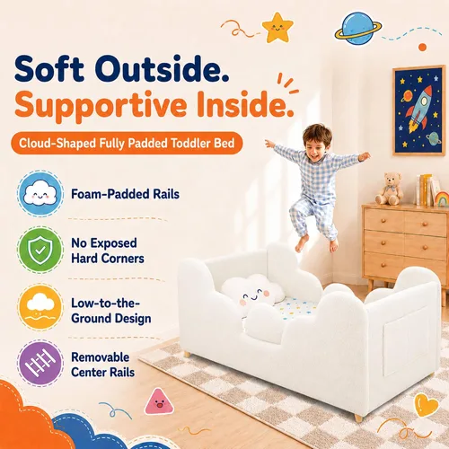 Vista 2 de Cama de suelo para niños pequeños, cama Montessori suave con rieles extraíbles