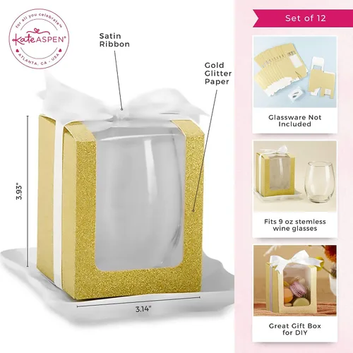 Vista 6 de Kate Aspen, Caja de regalo dorada brillante, regalo o recuerdo de fiesta, puede contener copas de vino sin tallo de 9 onzas (juego de 12)