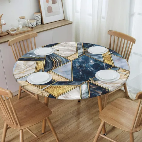 Vista 8 de Mantel redondo geométrico azul y blanco con bordes elásticos para mesas de hasta 45 a 50 pulgadas de diámetro
