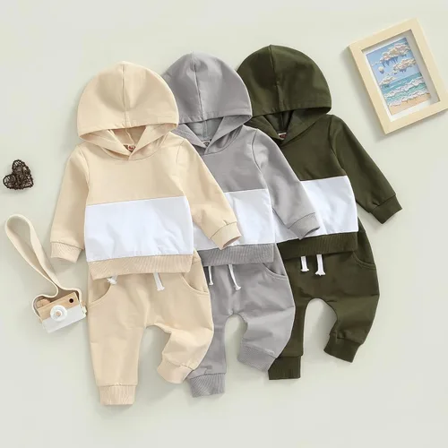 Vista 2 de Conjunto de ropa para niños pequeños, sudadera de retazos, manga larga, pantalones sólidos, para otoño e invierno