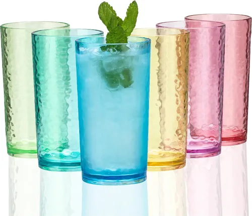 Vista 6 de KX-WARE Vasos de plástico acrílicos de 20 onzas, juego de 12 unidades, transparentes, estilo martillado, apto para lavavajillas, sin BPA