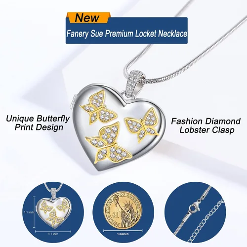 Vista 2 de Fanery sue Collar personalizado con medallón de corazón de mariposa, collares personalizados para mujer, regalos personalizados con foto y texto