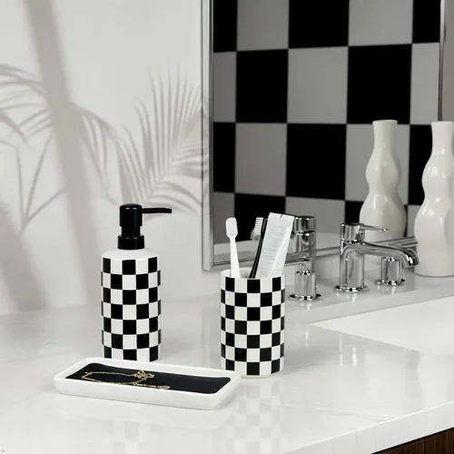 Vista 5 de Dispensador de jabón de manos, dispensador de jabón de baño con bomba de acero inoxidable, botellas de loción de loción de cerámica en blanco y Negro