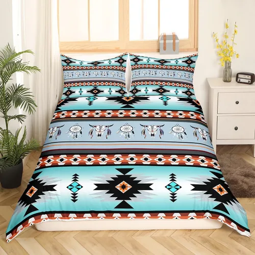 Vista 2 de Erosebridal Juego de funda de edredón estilo bohemio occidental tamaño individual, diseño de vaca atrapasueños del suroeste, juego de ropa de cama