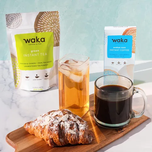 Vista 2 de Waka - Paquete de café y té instantáneo, té verde sin azúcar, paquete de caja colombiana de tostado medio de una sola porción