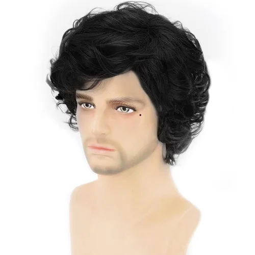 Vista 2 de Peluca negra corta para hombre, peluca de cabello ondulado y esponjoso para hombres y niños, cabello sintético natural para disfraz de Halloween