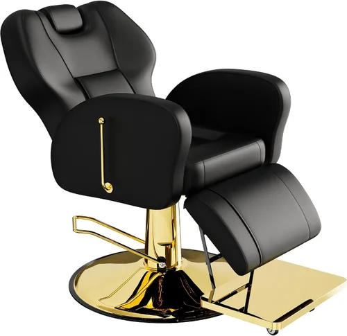 Vista 10 de Silla reclinable de barbero Baasha negra con ribete dorado en los reposabrazos, cómodo cojín de espuma viscoelástica, reposacabezas ajustable, base