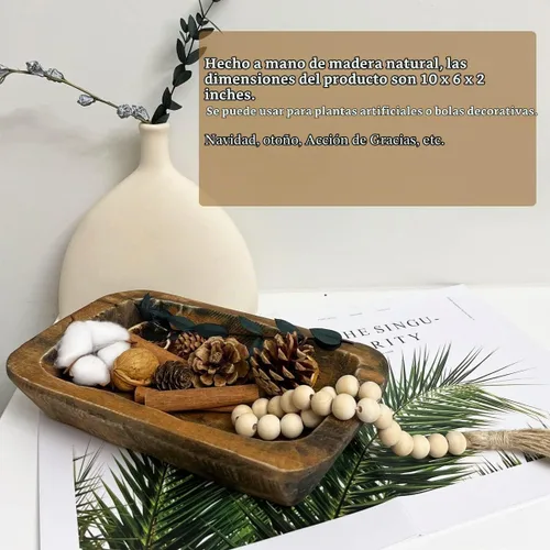 Vista 4 de Cuencos de masa de madera decorativos, cuencos largos rústicos para decoración de pan, bandeja de madera, tallados a mano para decoración de centro