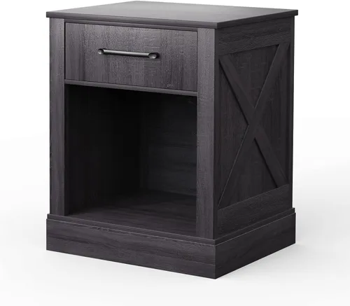Vista 9 de Giantex Mesita de noche de granja, mesa auxiliar rústica con cajones y compartimento abierto, mesa auxiliar de madera para sofá para dormitorio