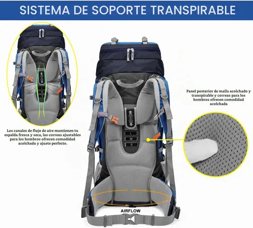 Vista 3 de MOUNTAINTOP Mochila de marco interno de 80L para hombre y mujer Mochila de senderismo con cubierta de lluvia Azul-80L