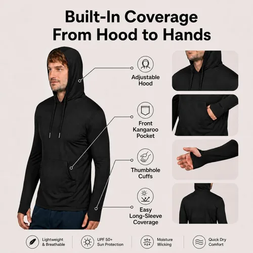 Vista 5 de INGEAR Sudadera con capucha UPF 50+ para hombre, ligera, con protección UV, de secado rápido, absorbe la humedad, con bolsillo Negro
