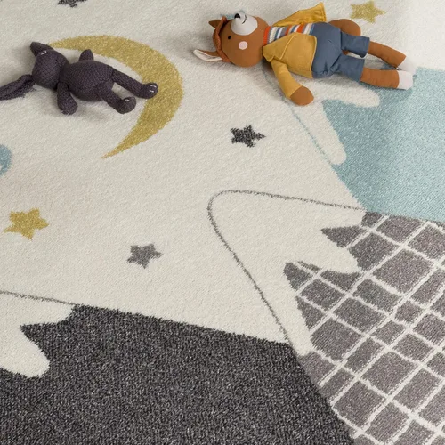 Vista 6 de Paco Home Alfombra infantil para guardería con montañas de colores pastel, estrellas de ensueño y luna en azul, tamaño: 2'8" x 4'11