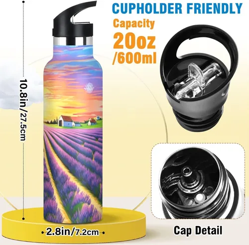Vista 2 de Kids Water Bottle for School Leakproof Insulated Water Bottle with Straw 20oz, BPA-Free, Sunset Lavender Fields Horses