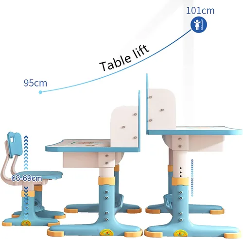 Vista 3 de Juego de Escritorio y Silla para Niños, Escritorio para Niños de Altura Ajustable con Cajones de Almacenamiento y Estantería, Escritorios Azul
