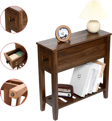 Vista 5 de Mesa auxiliar estrecha para silla, mesa auxiliar reclinable sólida con cajón, mesita de noche delgada para sala de estar y dormitorio