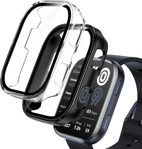 Vista 9 de Paquete de 2 fundas compatibles con Amazfit Bip 6, protector de pantalla de vidrio templado con cubierta de policarbonato duro, a prueba de golpes
