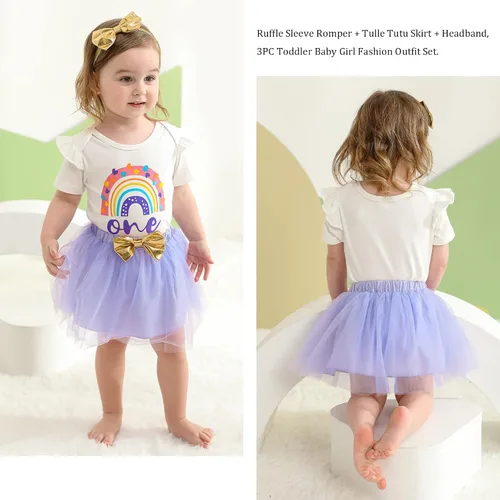 Vista 2 de Conjunto de ropa de primer cumpleaños para niñas con estampado de arco iris, falda de tul tutú con diadema