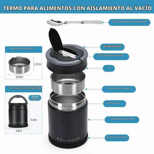 Vista 3 de Termo para comida caliente 33.8 OZ, frasco de comida aislado al vacío para adultos, termo de sopa de acero inoxidable de boca ancha a prueba