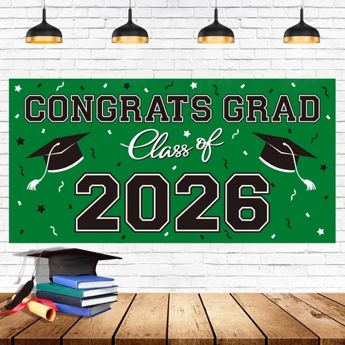 Vista 12 de Telón de fondo de plástico para fiesta de graduación 2026 - 65" x 32.7" Pancarta Congrats Grad en negro, decoraciones grandes de la clase de 2026