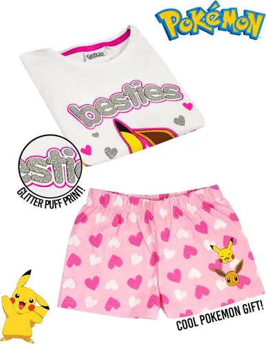 Vista 2 de Pokemon Pijama Pikachu & Eevee con manga larga o corta con volantes, pijama para niñas, Blanco