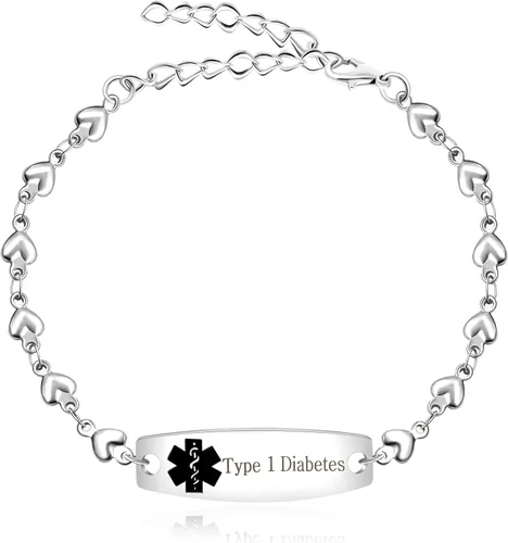 Vista 15 de Pulsera de símbolo médico de plata grabada con láser, alerta de salud grabada en forma de corazón, adecuada para primeros auxilios de emergencia