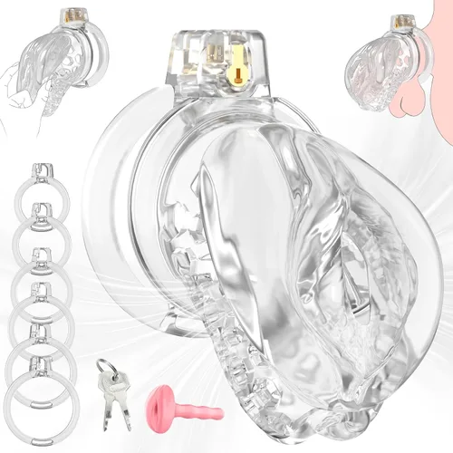 Vista 9 de Jaula de castidad masculina – Jaula de pene suave y ligera con vagina y clítoris realistas y anillos de 6 tamaños, cómodo dispositivo de castidad