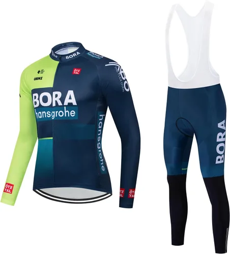 Vista 14 de Conjunto de ropa de ciclismo para hombre, manga larga, jersey de ciclismo con cremallera, bolsillo, traje de bicicleta, pantalones con babero de gel