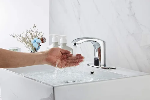 Vista 3 de Grifo de lavabo de baño sin contacto automático cromado con drenaje de placa de cubierta Dual-Powered Vanity Faucets Hands Free Water Tap with