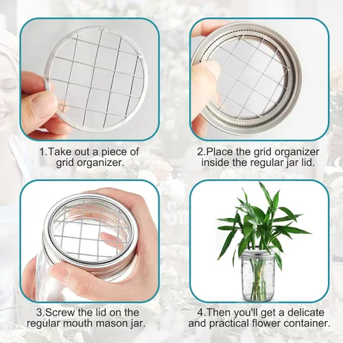 Vista 3 de Paquete de 10 tarros Mason con tapa de rana de flores Mason Grid Organizador de flores para el día de San Valentín, hogar, cocina, oficina, boca