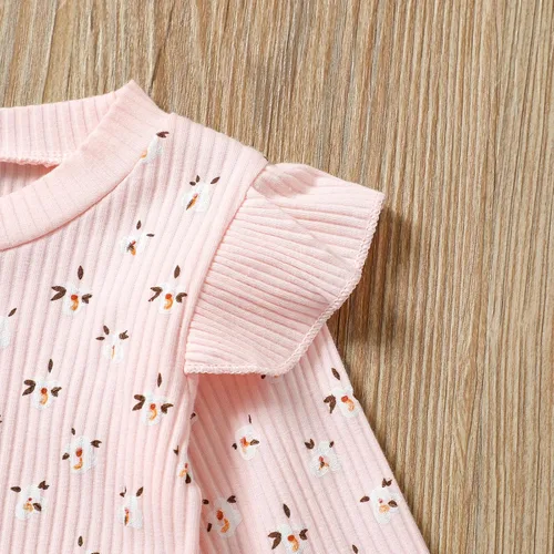 Vista 3 de Conjunto de ropa floral para niñas con volantes y pantalones con lazo, 2 piezas