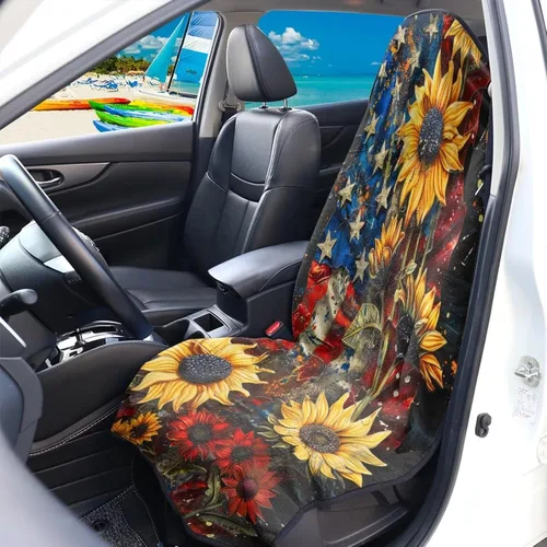 Vista 3 de Fundas de Asiento de Coche con Diseño de Sudadera de Girasol y Bandera Estadounidense para Coche, Camión, SUVs, Protector de Asiento Impermeable