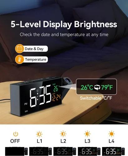 Vista 4 de Reloj de proyección para techo de dormitorio, despertador Negro