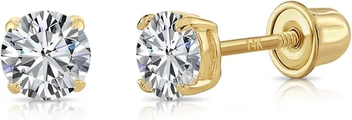 Vista 11 de Aretes de oro amarillo de 14k solitario con cubo y zirconia, con broches seguros