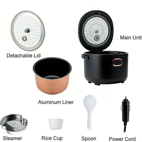 Vista 4 de Mini olla arrocera eléctrica de 2 litros, calentador de alimentos de 12 V/24 V, portátil, antiadherente, viaje para automóvil, camión, pequeña olla
